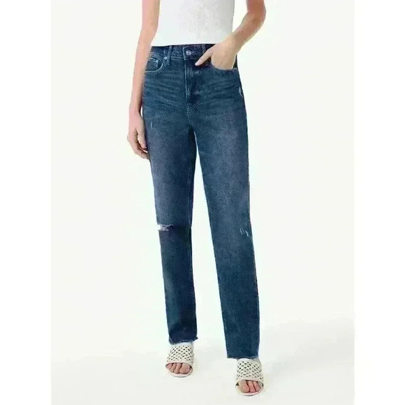 Womens Free Assembly Super High Rise Straight Jeans Cropped Hem Blue - Picture 1 of 9